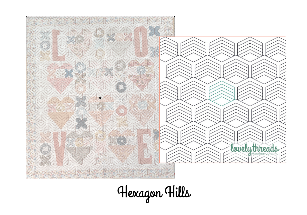 Hexagon Hills digital edge to edge quilting design for modern longarm quilting. Mocked up on a Fall in Love Quilt