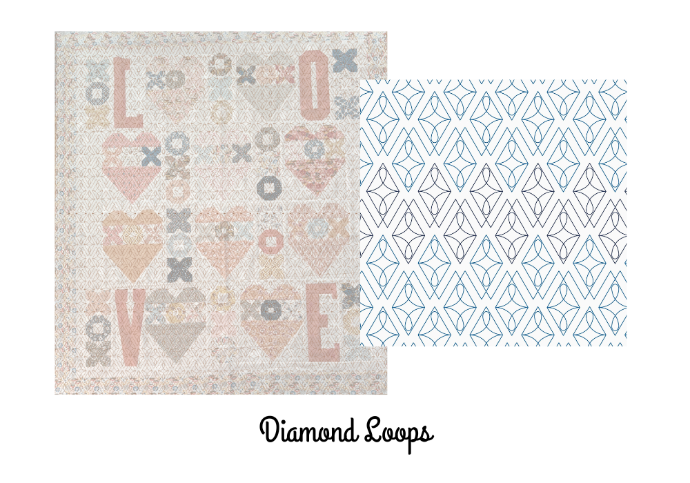 Diamond Loops digital edge to edge pantograph for longarm quilting. Mock up on a Fall in Love Quilt