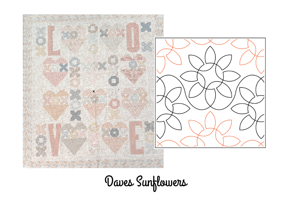 Daves Sunflower digital pantograph for longarm edge to edge quilting mocked up on a Fall in Love Quilt