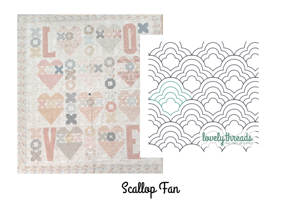 Scallop Fan digital edge to edge quilting design for longarm quilting. Mocked up on a Fall in Love Quilt