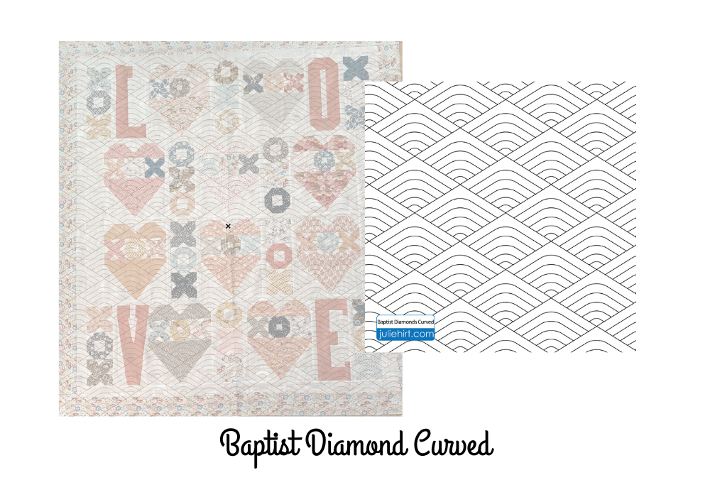 Baptist Diamond Curved digital pantograph for longarm edge to edge quilting. Mocked up on a Fall in Love Quilt